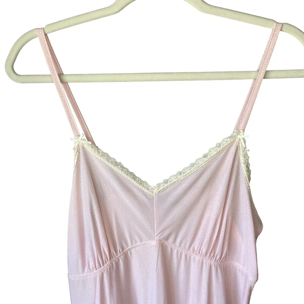 Rene Rofe Pink Polka Dot Lace Trim Chemise Nightgown Adjustable Straps Small‎